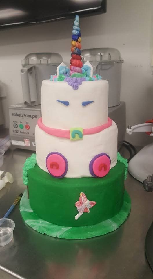 Hand-sculpted three-tier unicorn birthday cake with fondant details
